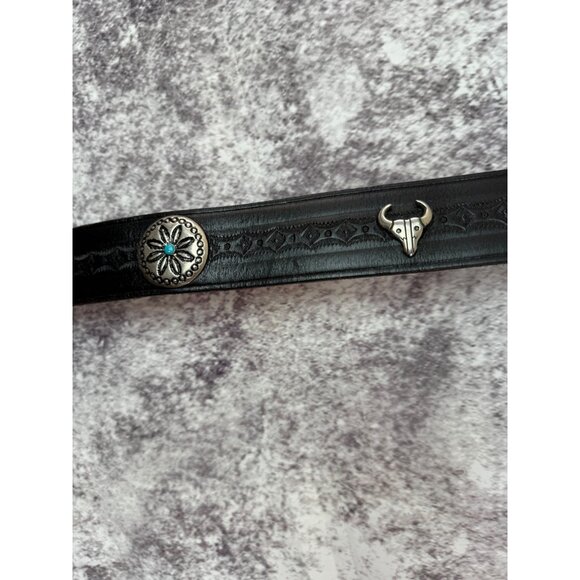 Leather Belt Silver womens M 34"L Black Buckle Bull Conchos Turquoise Western - Picture 7 of 14